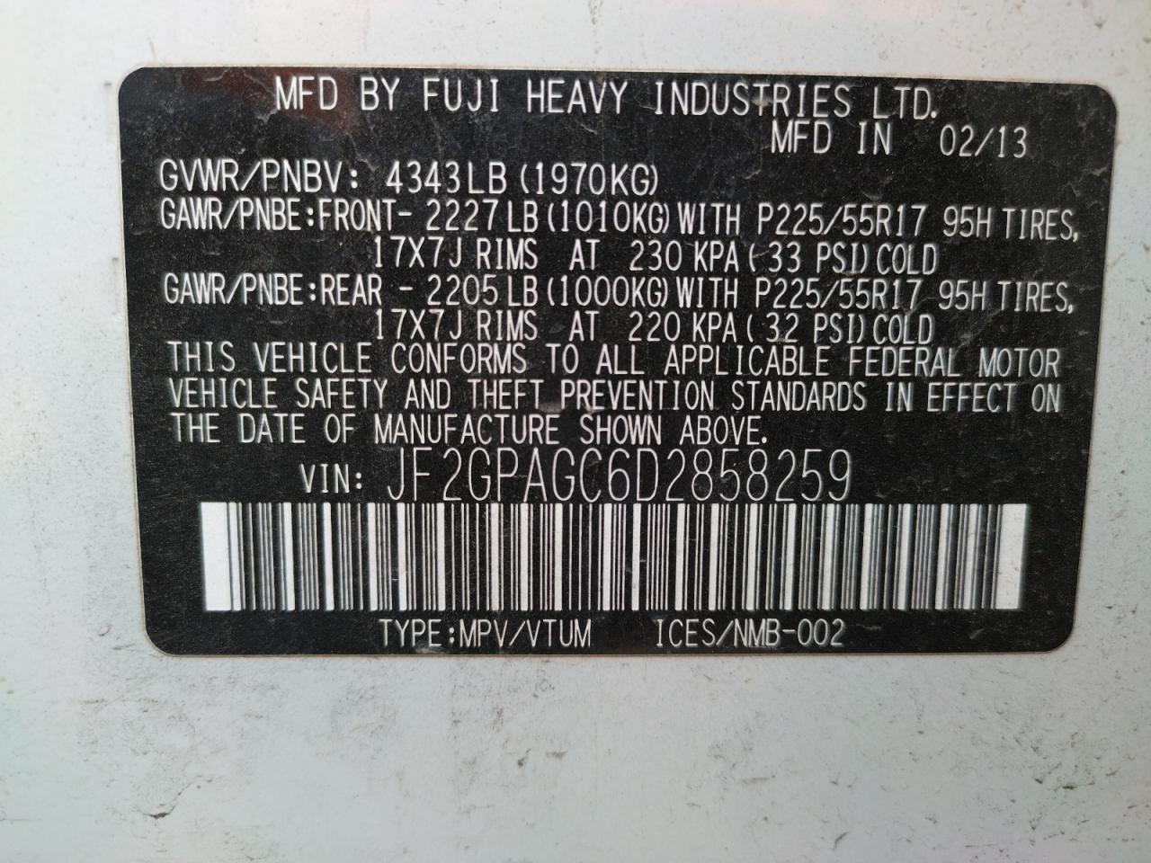 Photo 10 from auction – 2013 SUBARU XV CROSSTR with VIN JF2GPAGC6D2858259