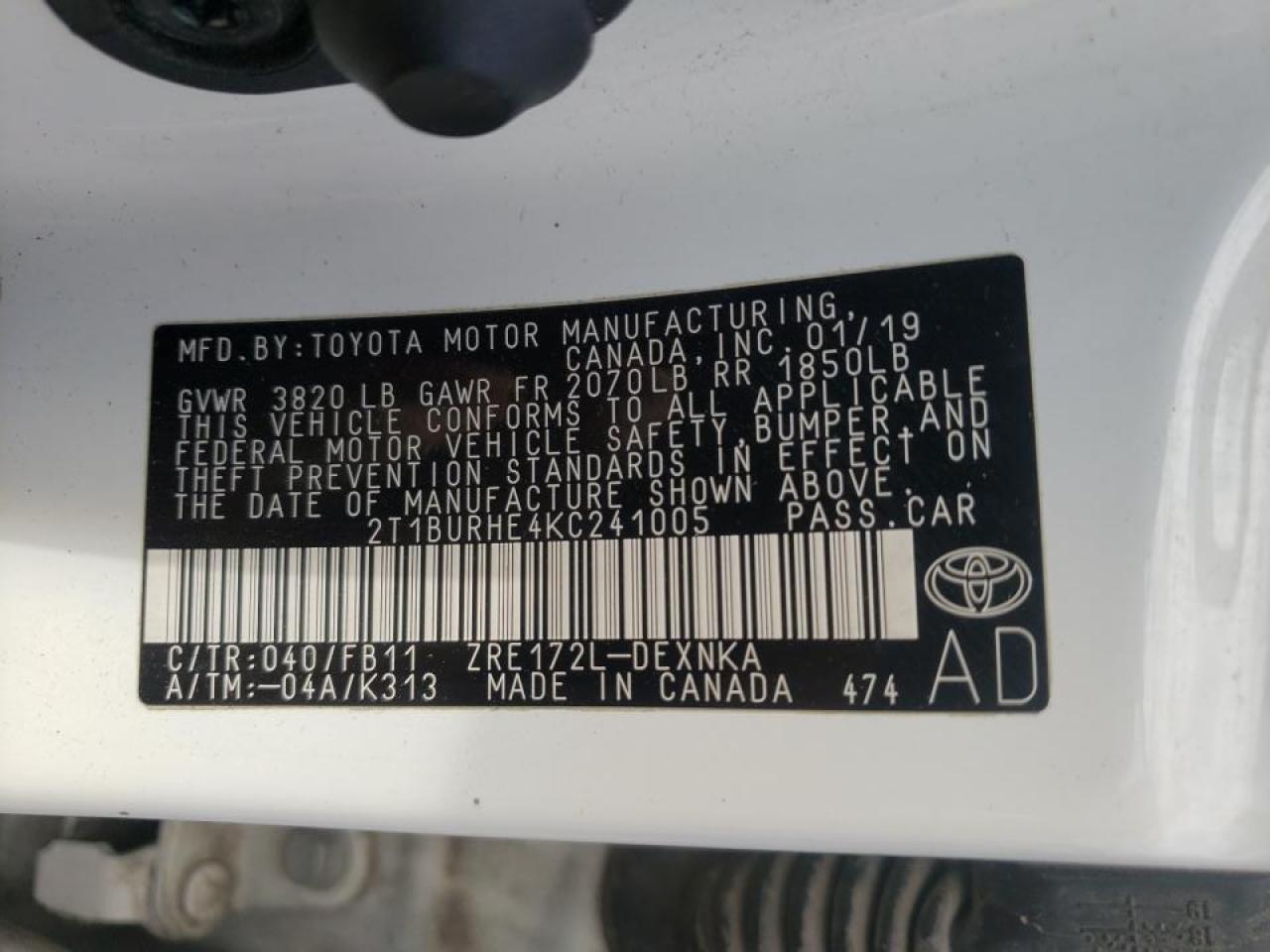 Photo 10 from auction – 2019 TOYOTA COROLLA L with VIN 2T1BURHE4KC241005