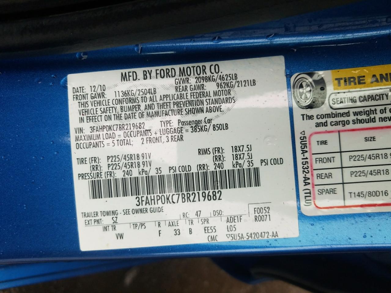 Photo 10 from auction – 2011 FORD FUSION SPO with VIN 3FAHP0KC7BR219682