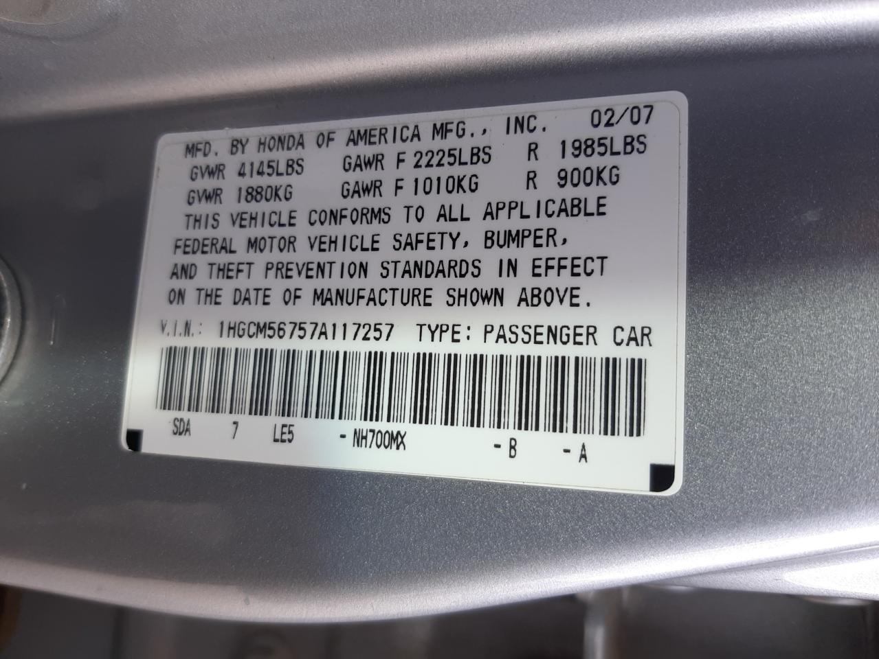 Photo 10 from auction – 2007 HONDA ACCORD EX with VIN 1HGCM56757A117257