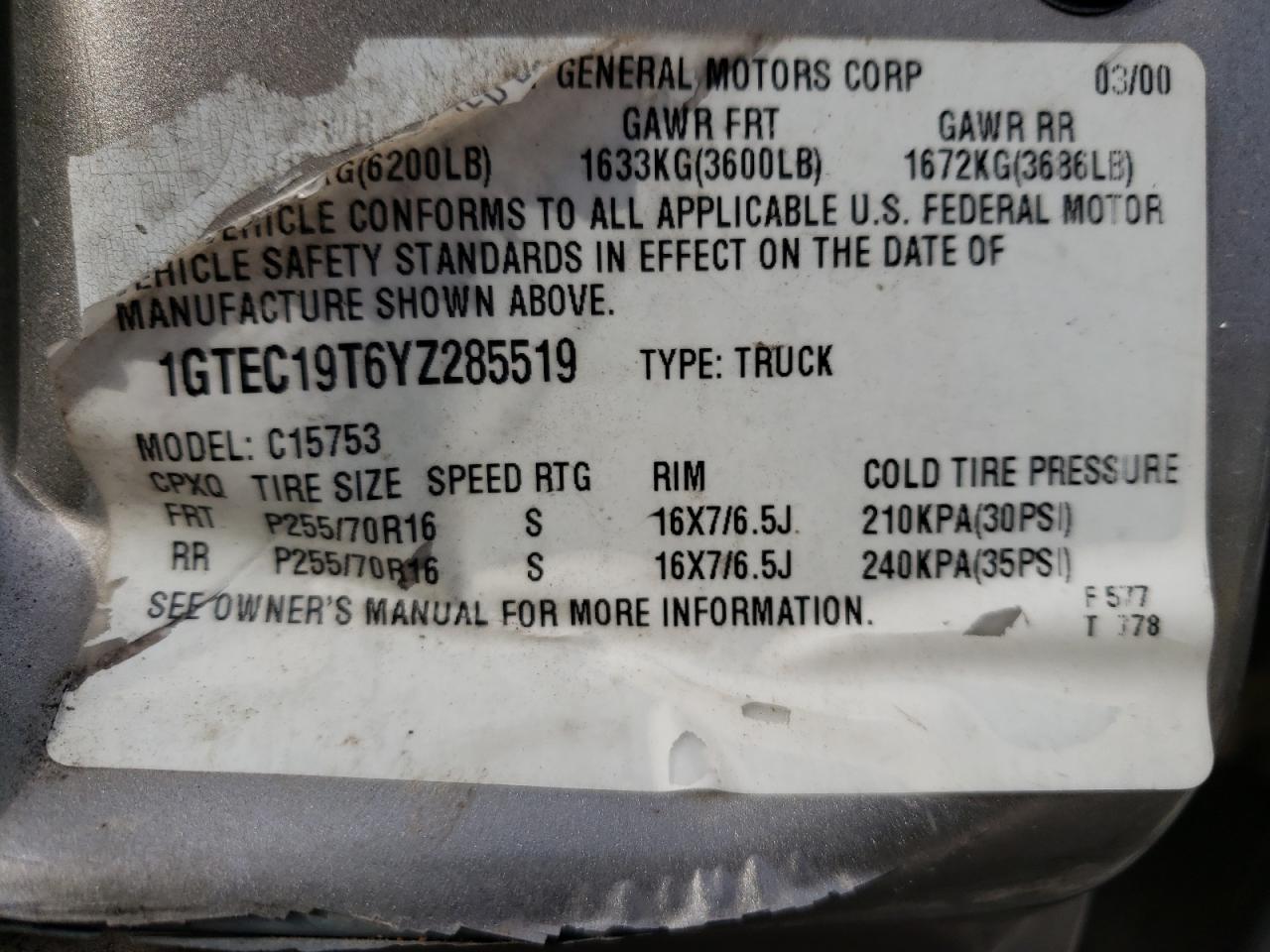 Photo 10 from auction – 2000 GMC NEW SIERRA with VIN 1GTEC19T6YZ285519