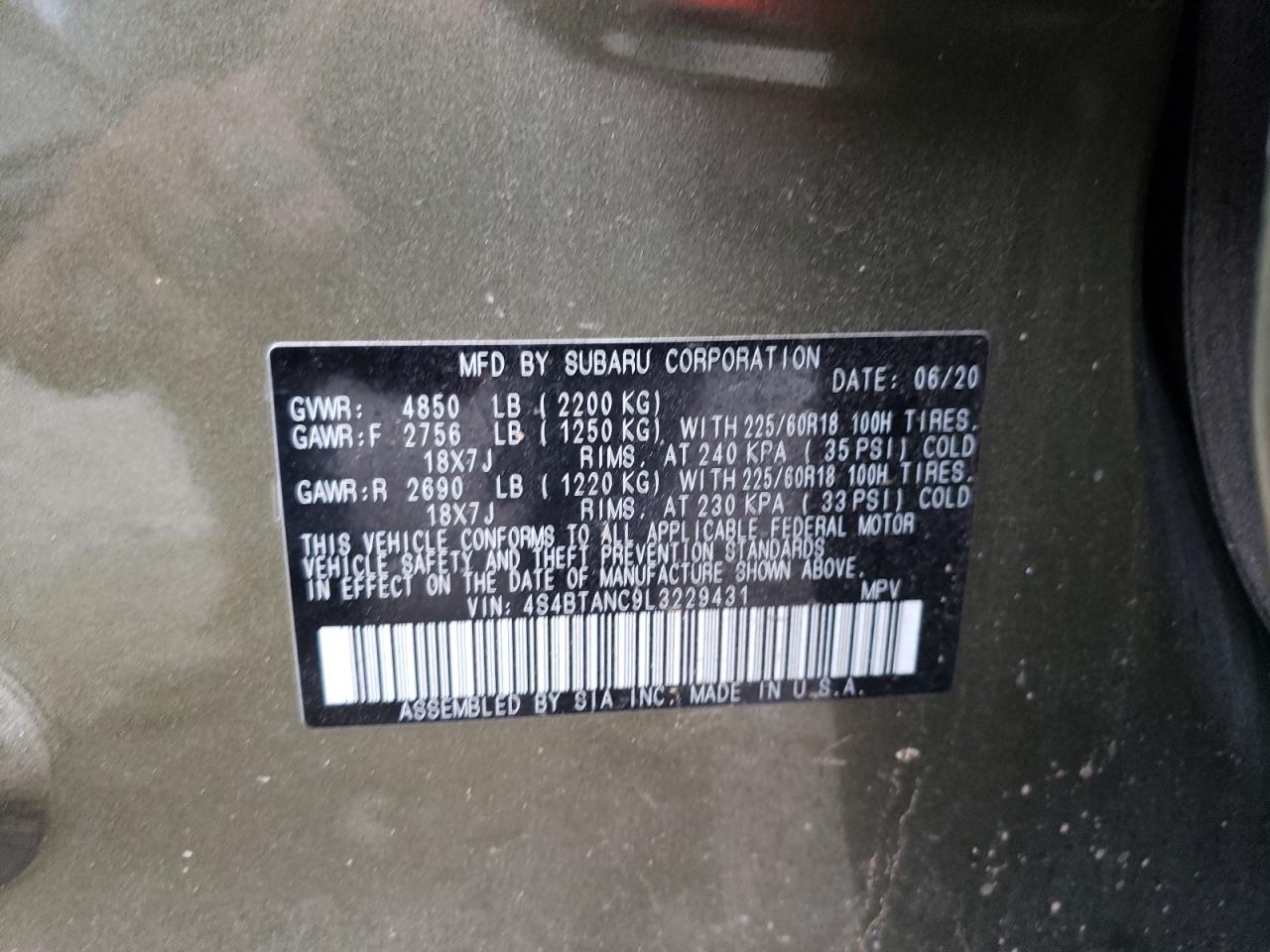 Photo 10 from auction – 2020 SUBARU OUTBACK LI with VIN 4S4BTANC9L3229431