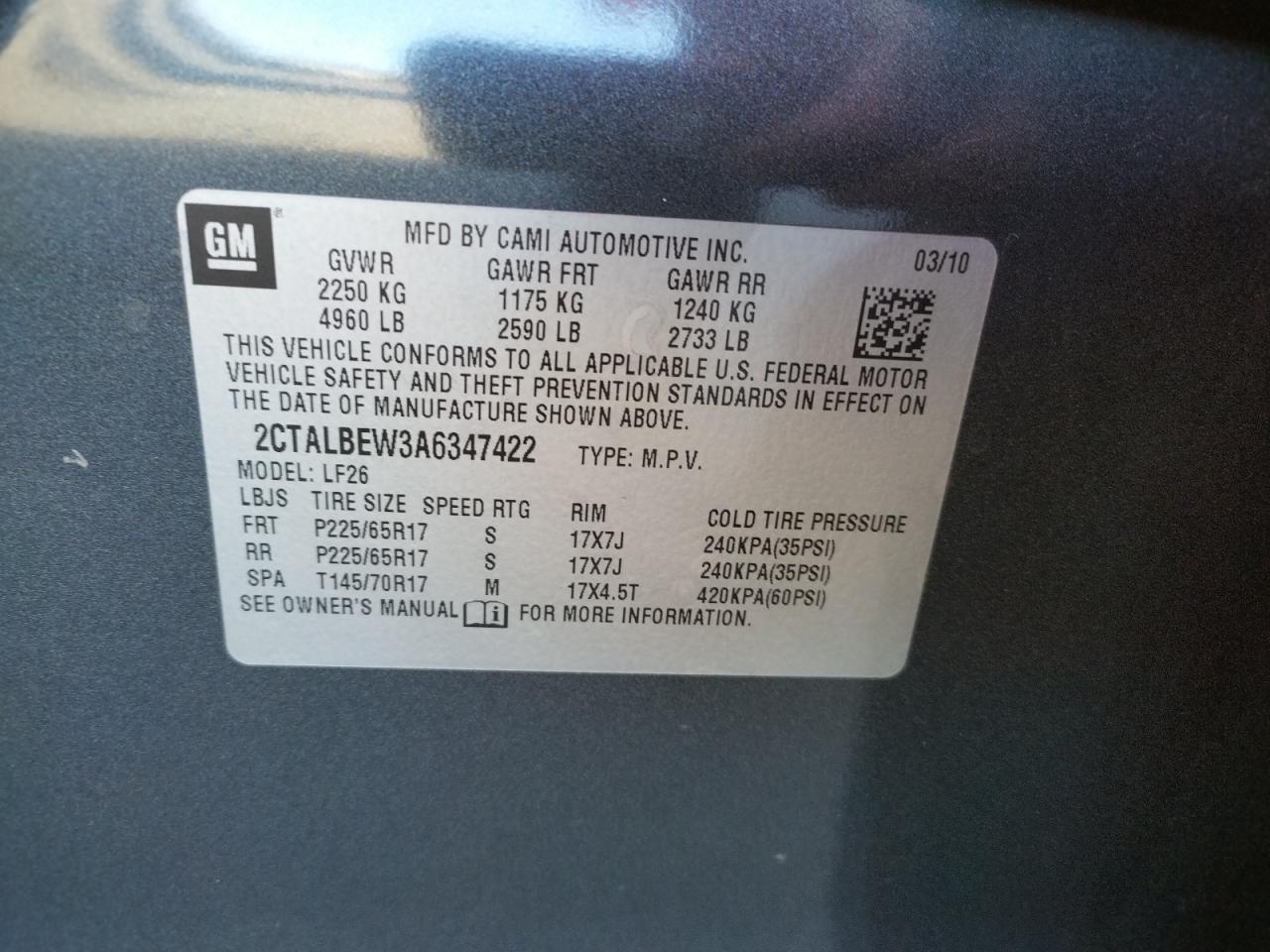 Photo 10 from auction – 2010 GMC TERRAIN SL with VIN 2CTALBEW3A6347422