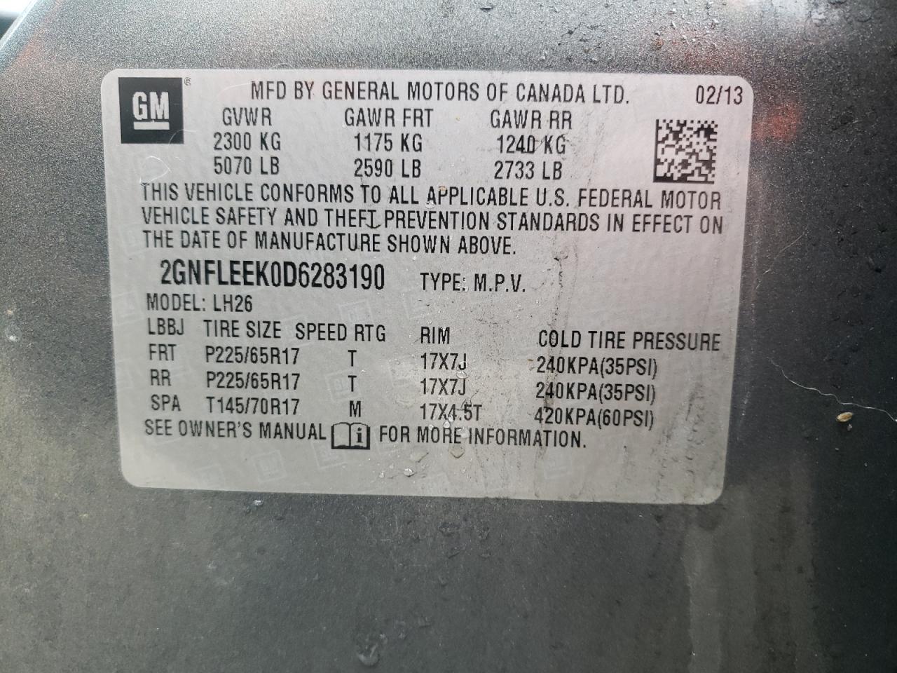 Photo 10 from auction – 2013 CHEVROLET EQUINOX LT with VIN 2GNFLEEK0D6283190