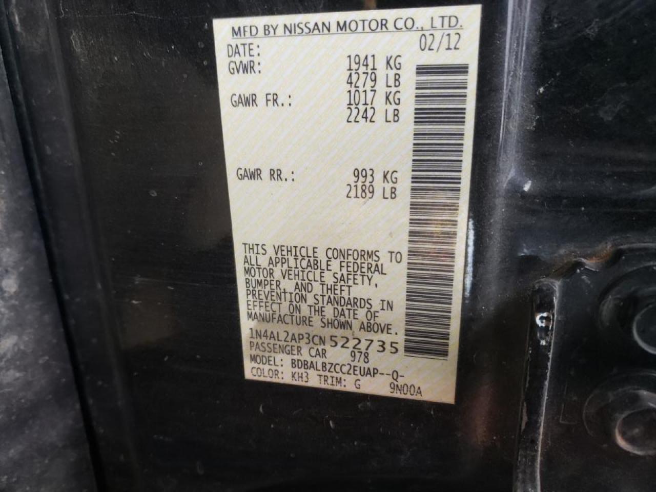 Foto 10 de la subasta – 2012 NISSAN ALTIMA BAS con VIN 1N4AL2AP3CN522735