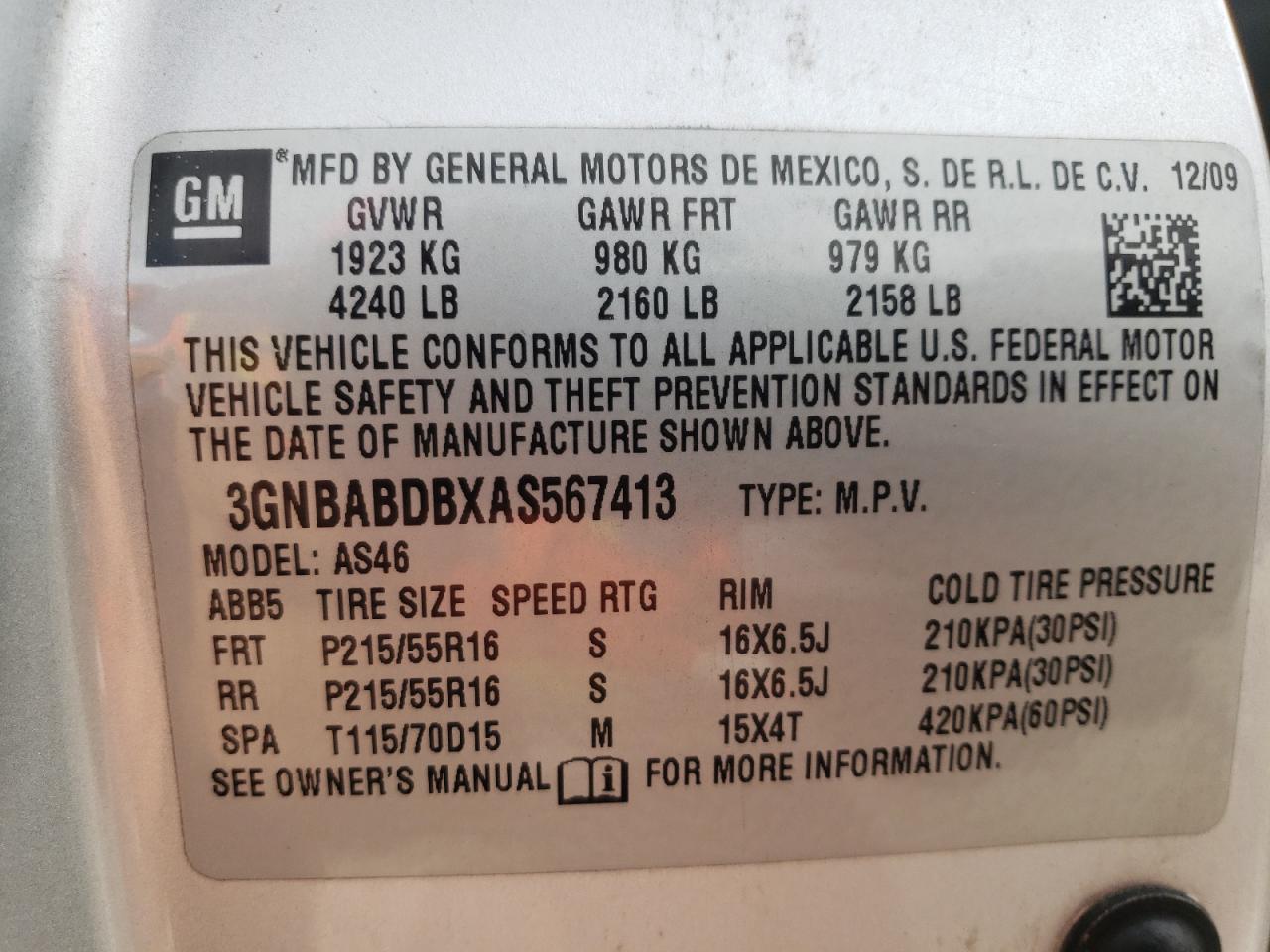 Photo 10 from auction – 2010 CHEVROLET HHR LT with VIN 3GNBABDBXAS567413