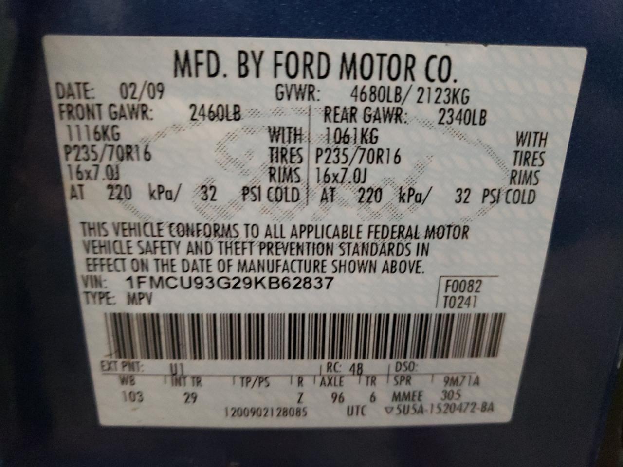 Photo 10 from auction – 2009 FORD ESCAPE XLT with VIN 1FMCU93G29KB62837