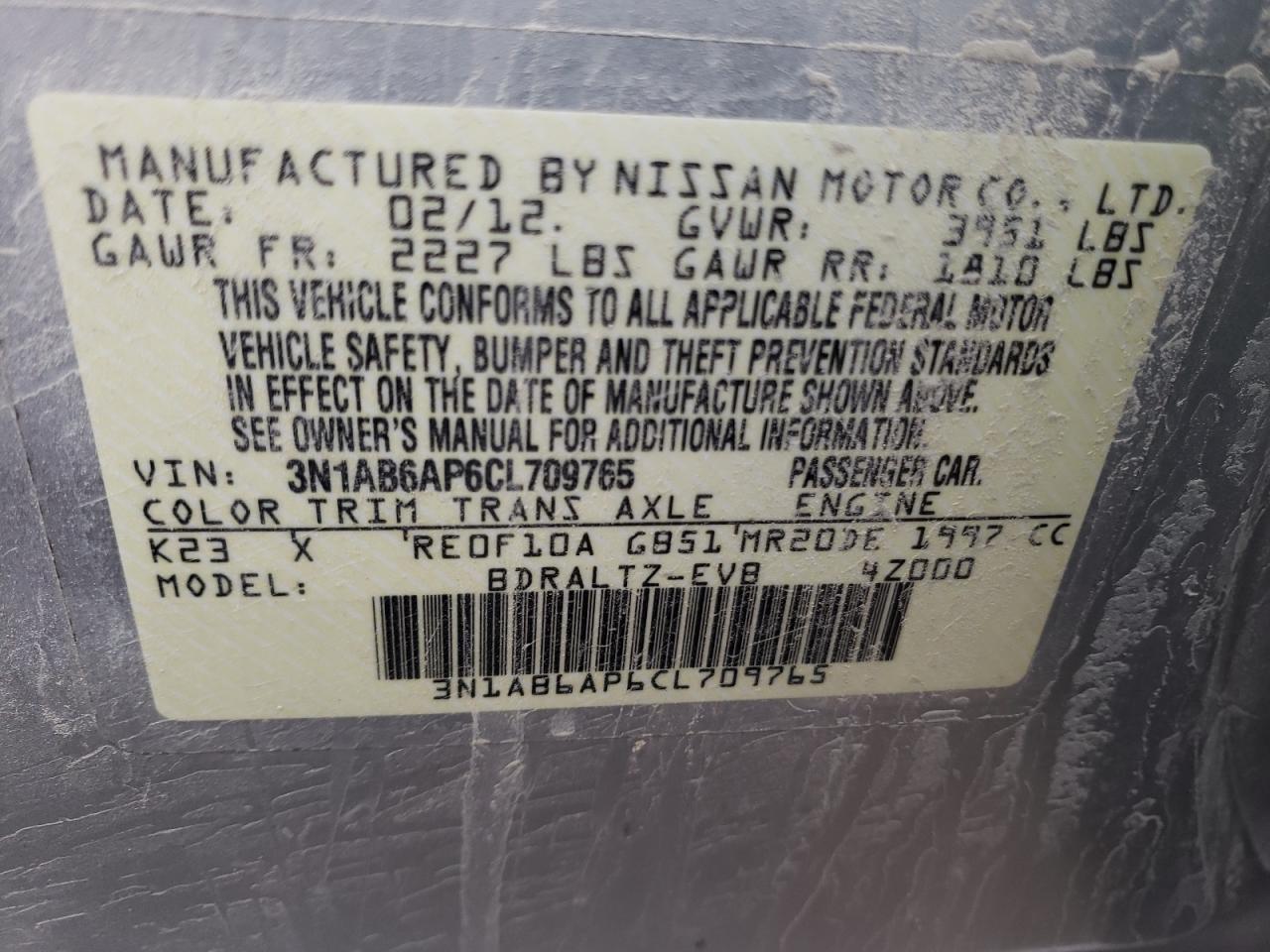Photo 10 from auction – 2012 NISSAN SENTRA 2.0 with VIN 3N1AB6AP6CL709765