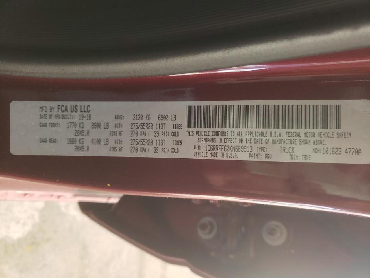 Photo 10 from auction – 2019 RAM 1500 BIG H with VIN 1C6RRFFG0KN689913