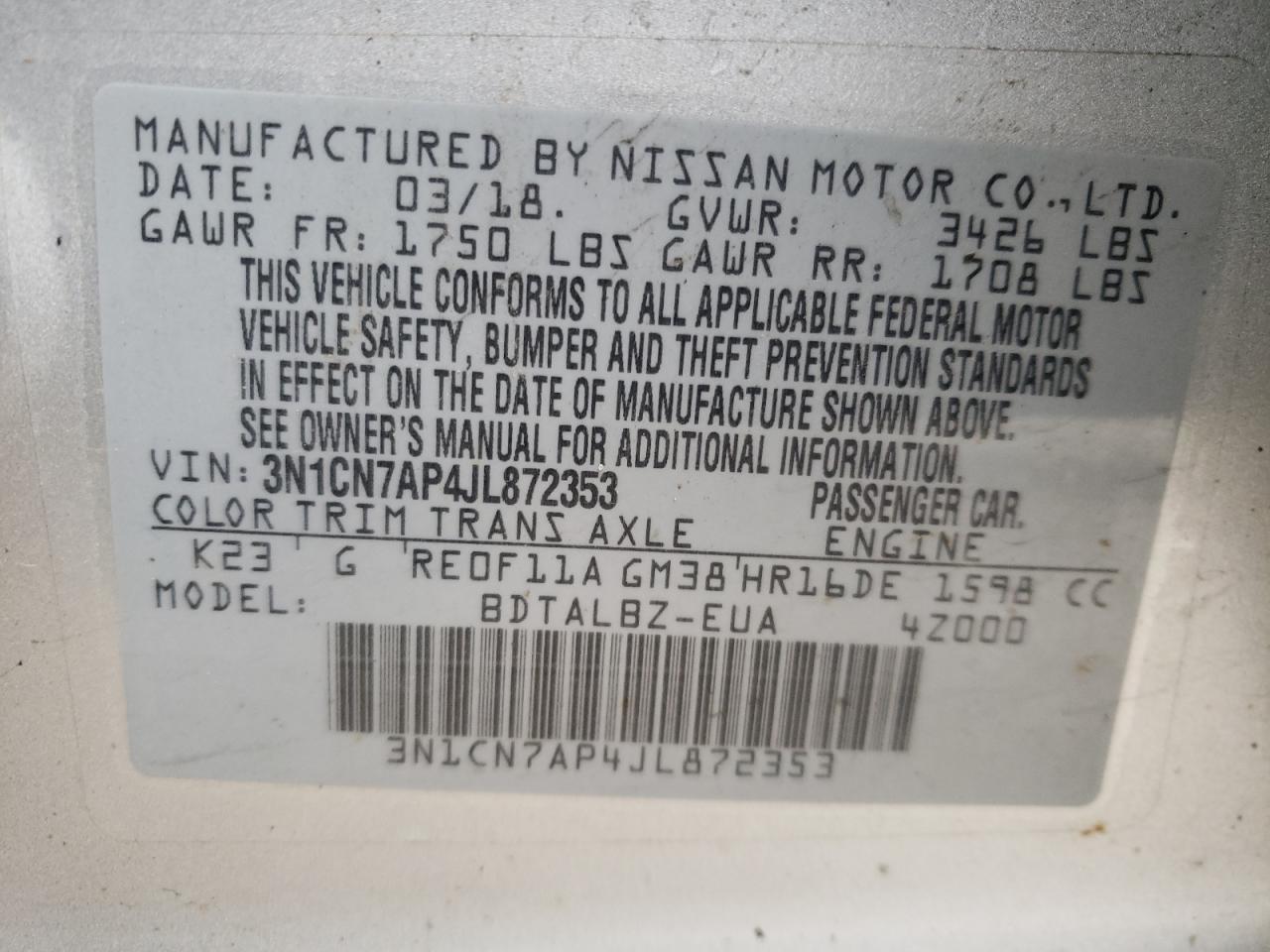 Photo 10 from auction – 2018 NISSAN VERSA S with VIN 3N1CN7AP4JL872353