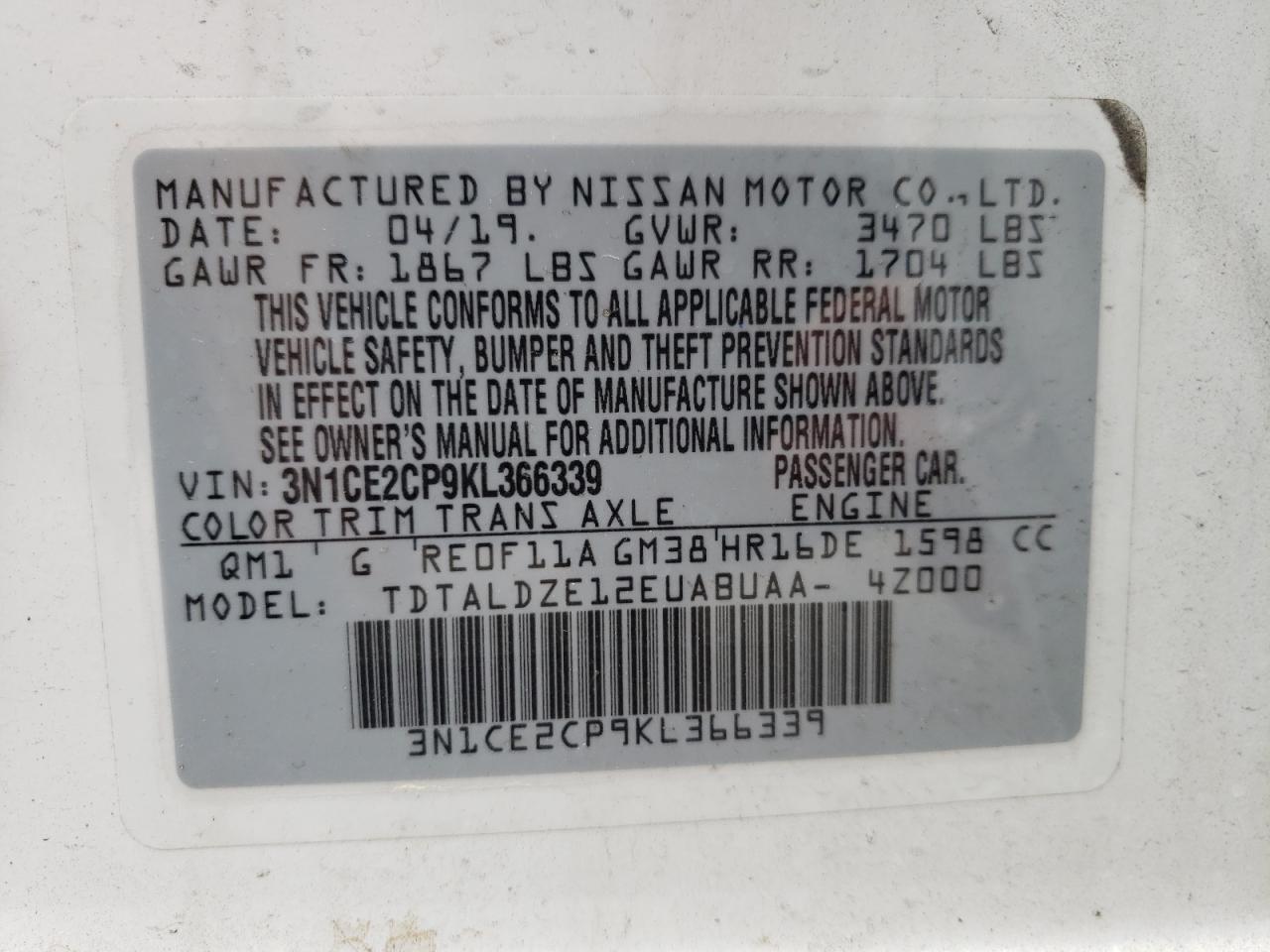 Photo 10 from auction – 2019 NISSAN VERSA NOTE with VIN 3N1CE2CP9KL366339