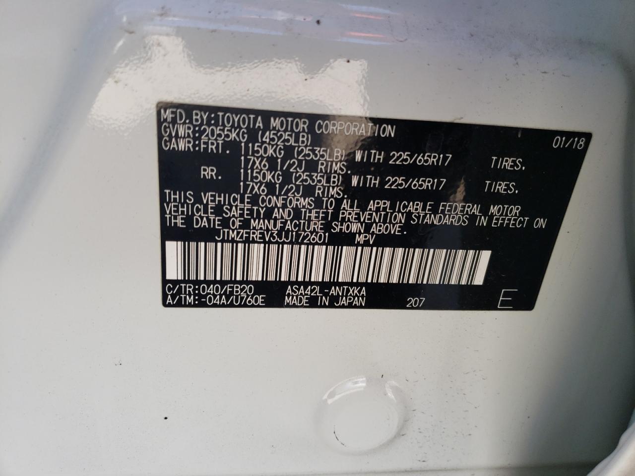 Photo 10 from auction – 2018 TOYOTA RAV4 LE with VIN JTMZFREV3JJ172601