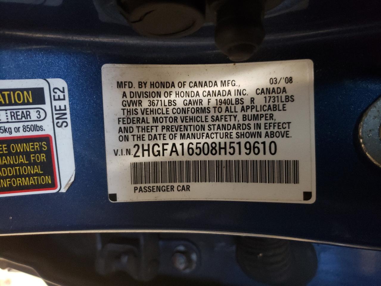 Photo 10 from auction – 2008 HONDA CIVIC LX with VIN 2HGFA16508H519610