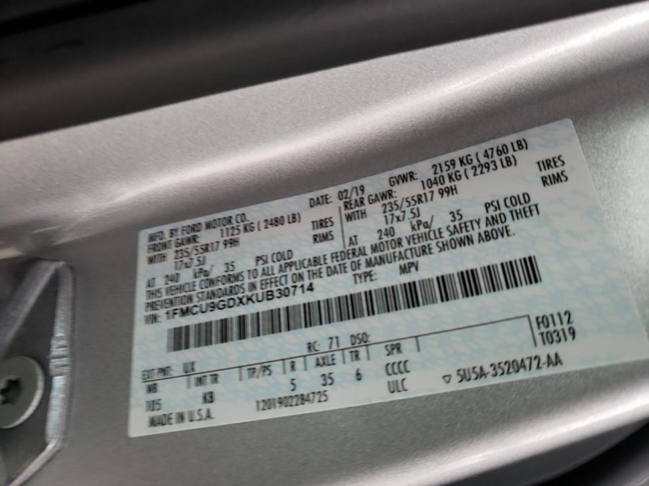 Photo 10 from auction – 2019 FORD ESCAPE SE with VIN 1FMCU9GDXKUB30714