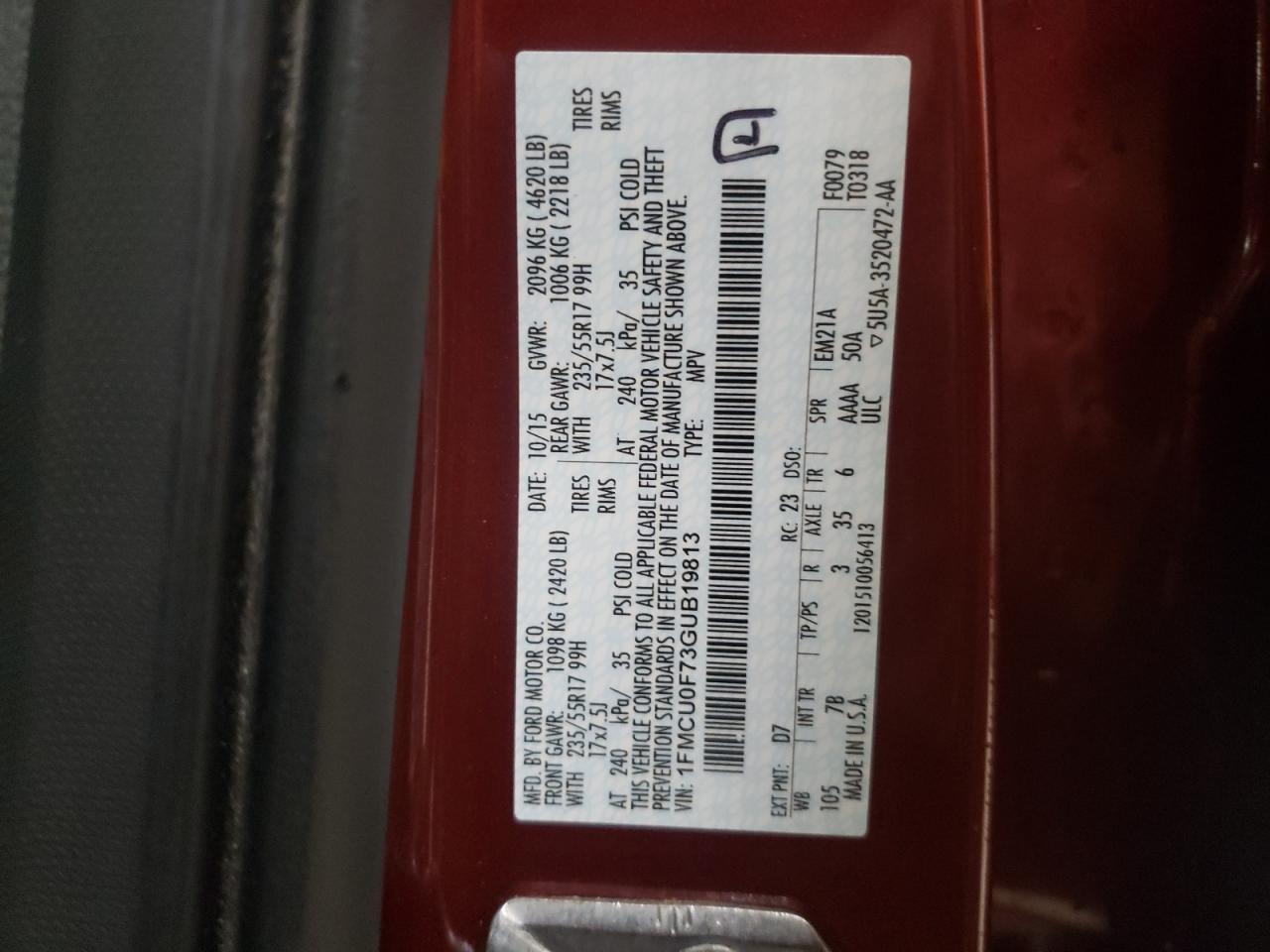Photo 10 from auction – 2016 FORD ESCAPE S with VIN 1FMCU0F73GUB19813