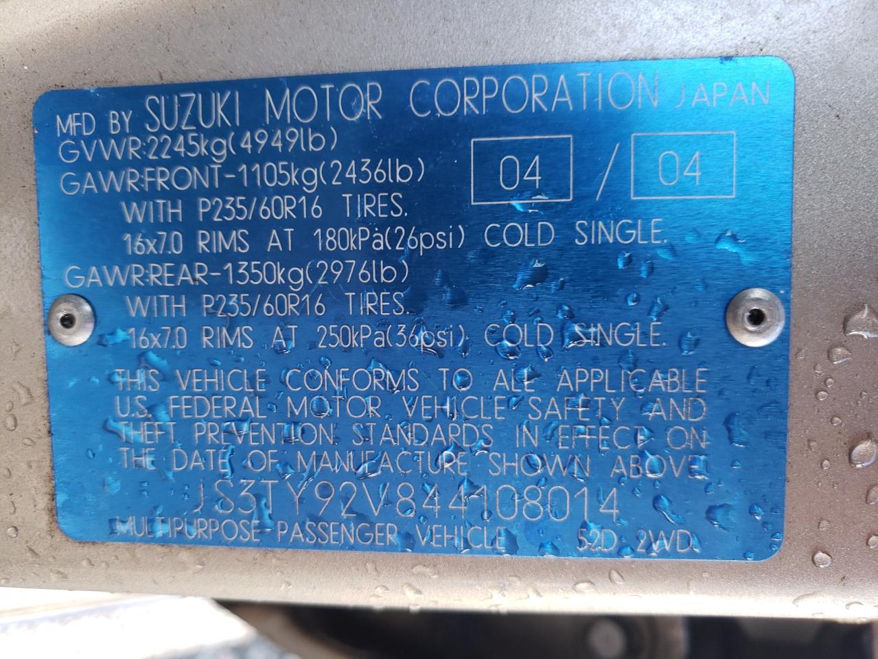 Zdjęcie 10 z aukcji – 2004 SUZUKI XL7 EX z VIN JS3TY92V844108014