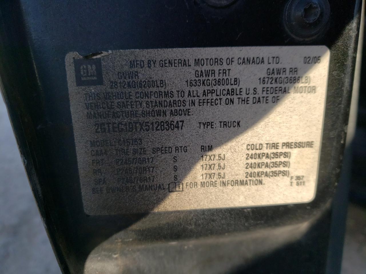 Photo 10 from auction – 2005 GMC NEW SIERRA with VIN 2GTEC19TX51283647