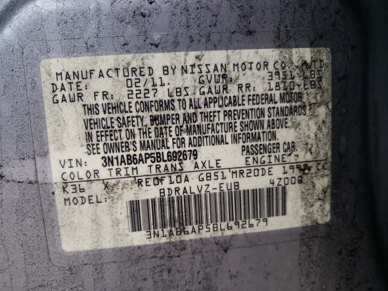 Photo 10 from auction – 2011 NISSAN SENTRA 2.0 with VIN 3N1AB6AP5BL692679