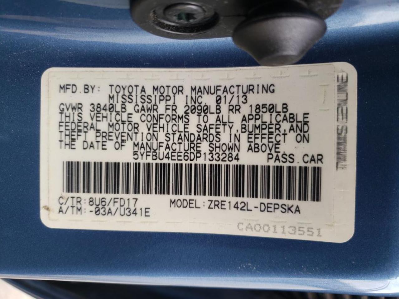 Photo 10 from auction – 2013 TOYOTA COROLLA BA with VIN 5YFBU4EE6DP133284