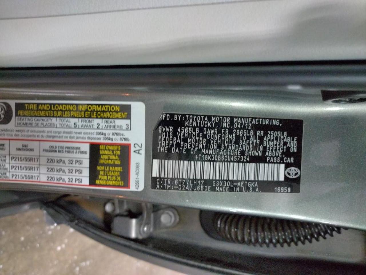 Photo 10 from auction – 2012 TOYOTA AVALON BAS with VIN 4T1BK3DB6CU457324