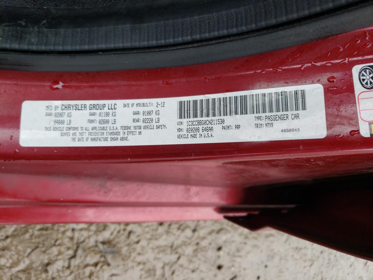 Photo 10 from auction – 2012 CHRYSLER 200 TOURIN with VIN 1C3CCBBG0CN211530