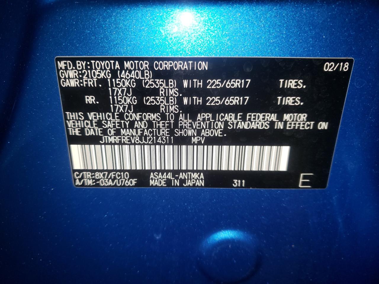 Photo 10 from auction – 2018 TOYOTA RAV4 ADVEN with VIN JTMRFREV8JJ214311