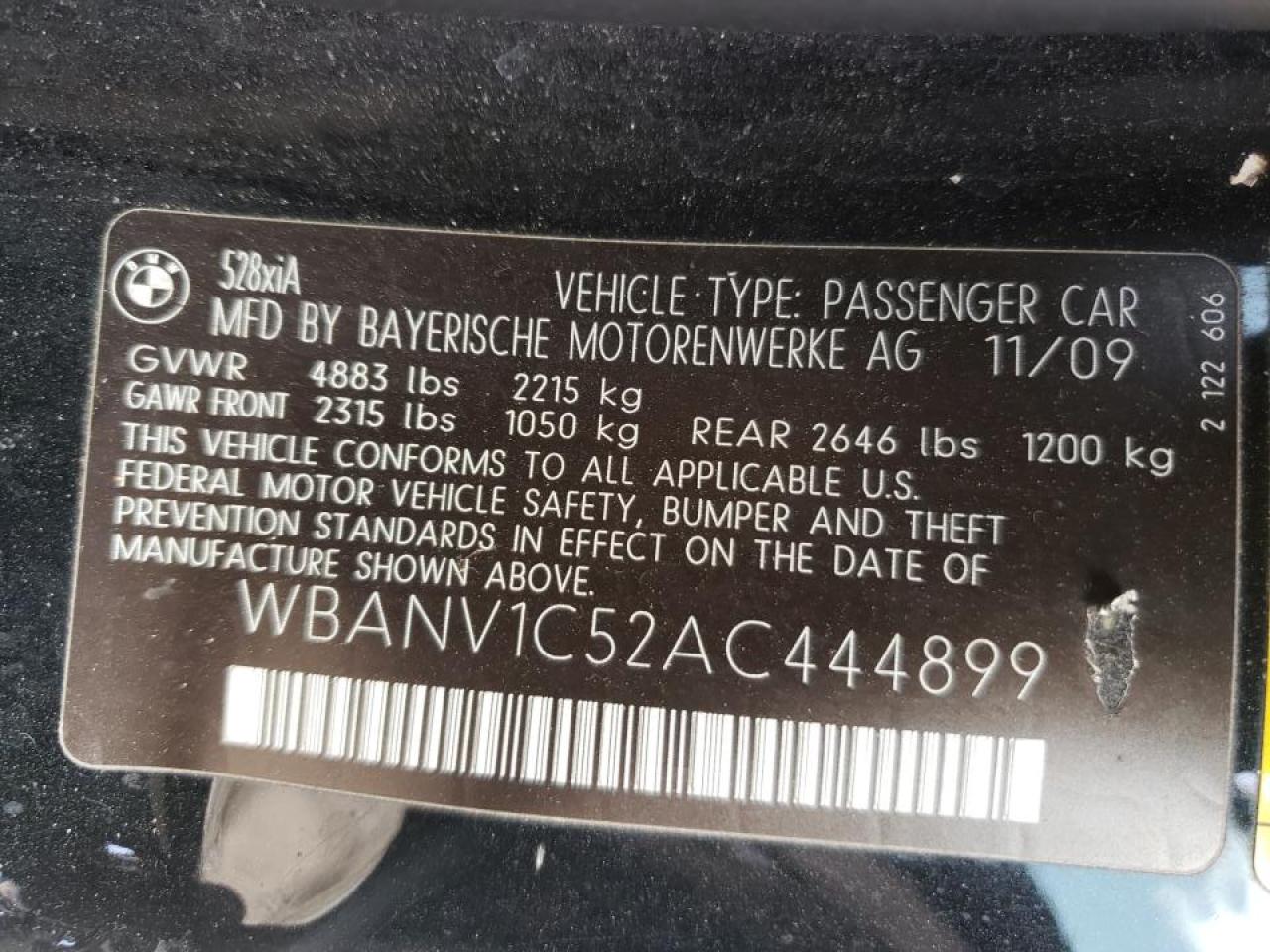 Photo 10 from auction – 2010 BMW 528 XI with VIN WBANV1C52AC444899