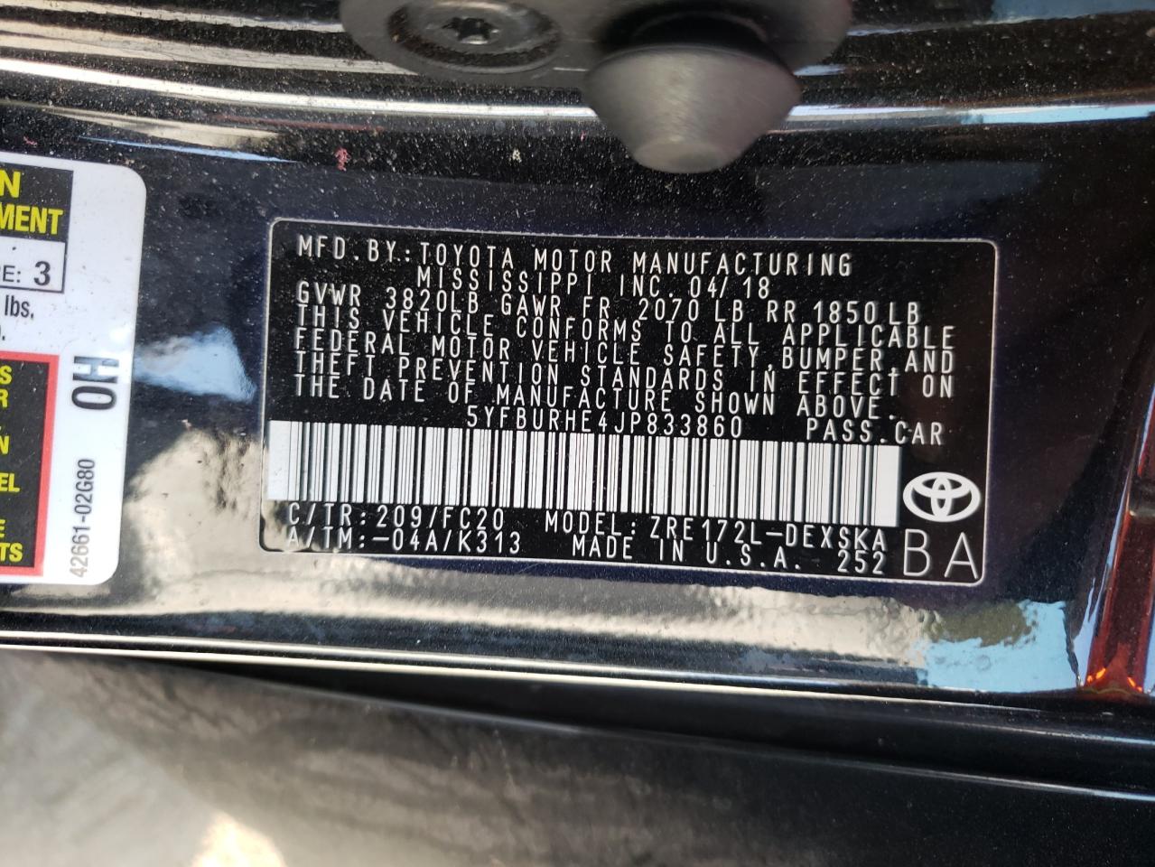 Photo 10 from auction – 2018 TOYOTA COROLLA L with VIN 5YFBURHE4JP833860