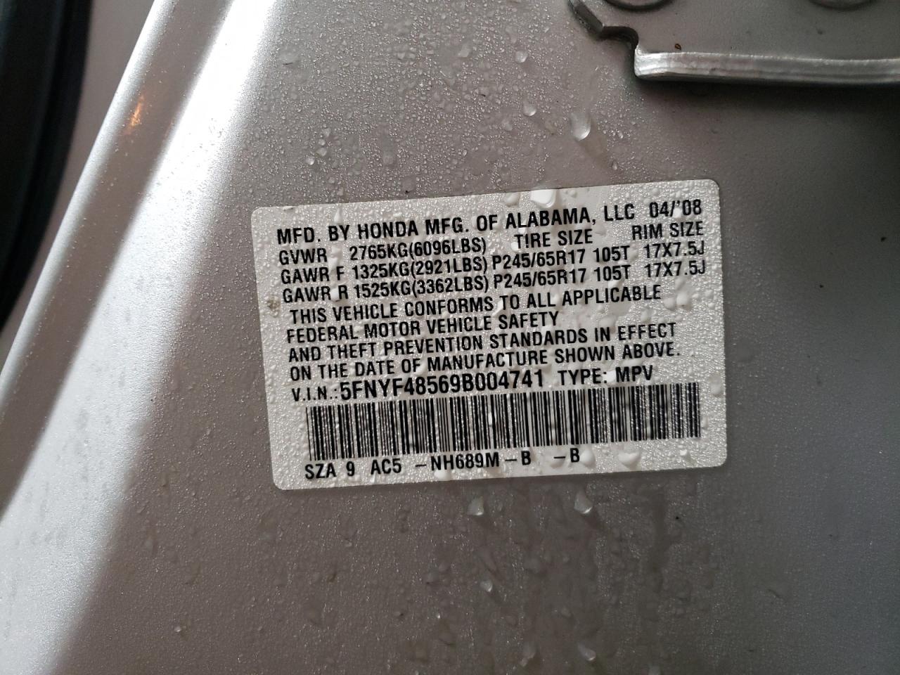 Photo 10 from auction – 2009 HONDA PILOT EXL with VIN 5FNYF48569B004741
