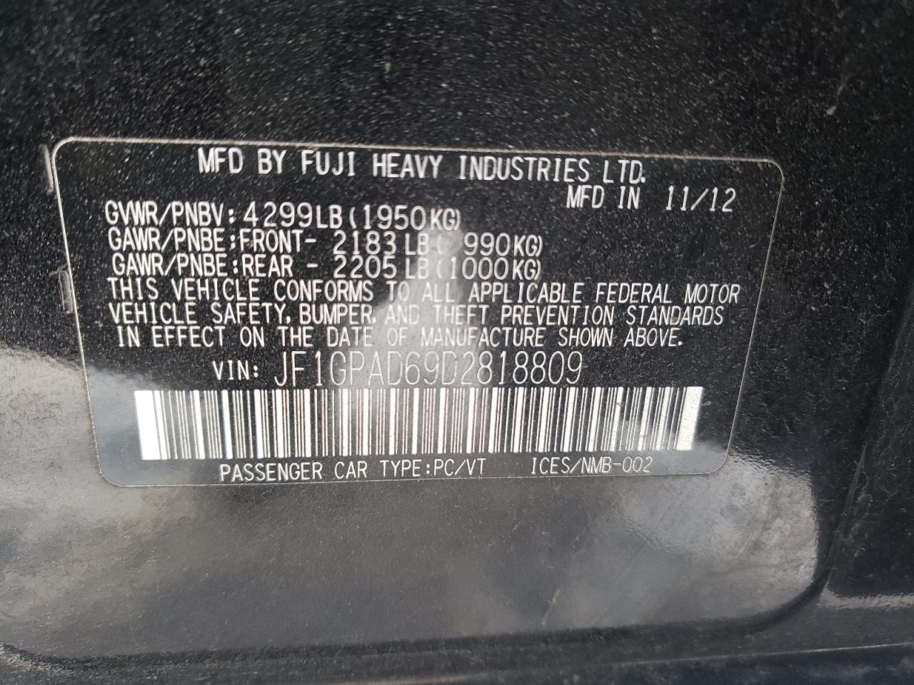 Photo 10 from auction – 2013 SUBARU IMPREZA PR with VIN JF1GPAD69D2818809