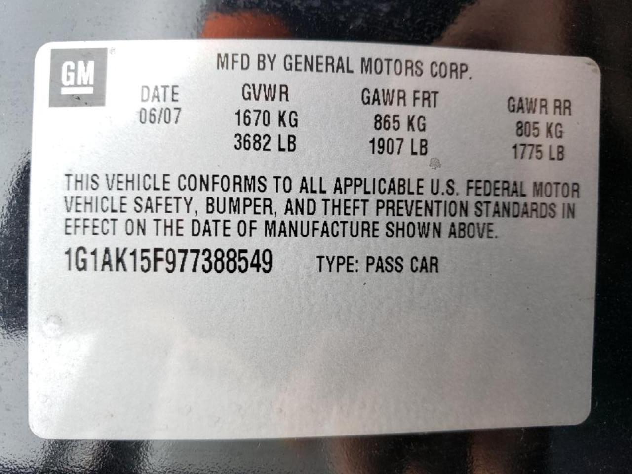 Photo 10 from auction – 2007 CHEVROLET COBALT LS with VIN 1G1AK15F977388549