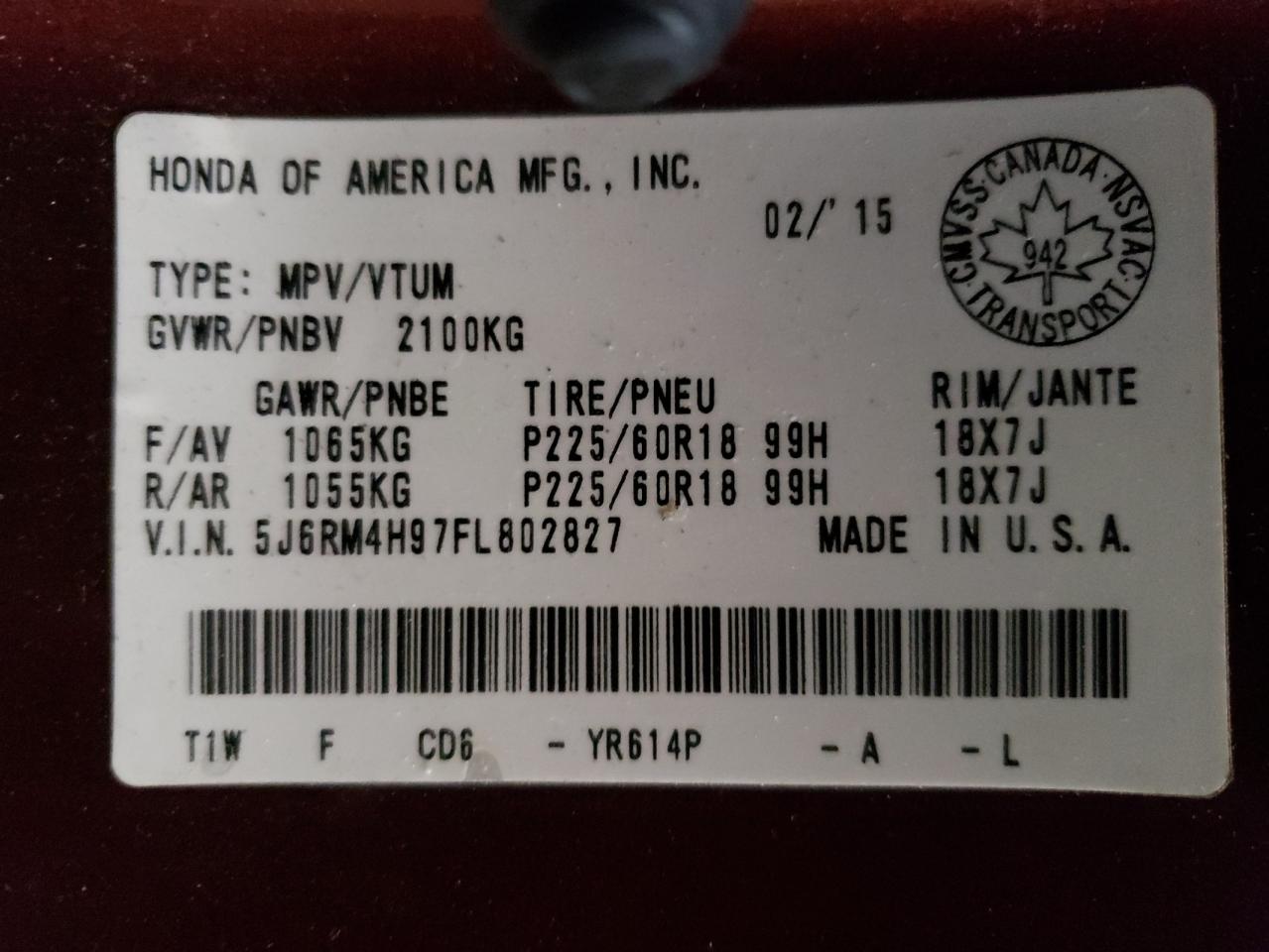 Photo 10 from auction – 2015 HONDA CR-V TOURI with VIN 5J6RM4H97FL802827