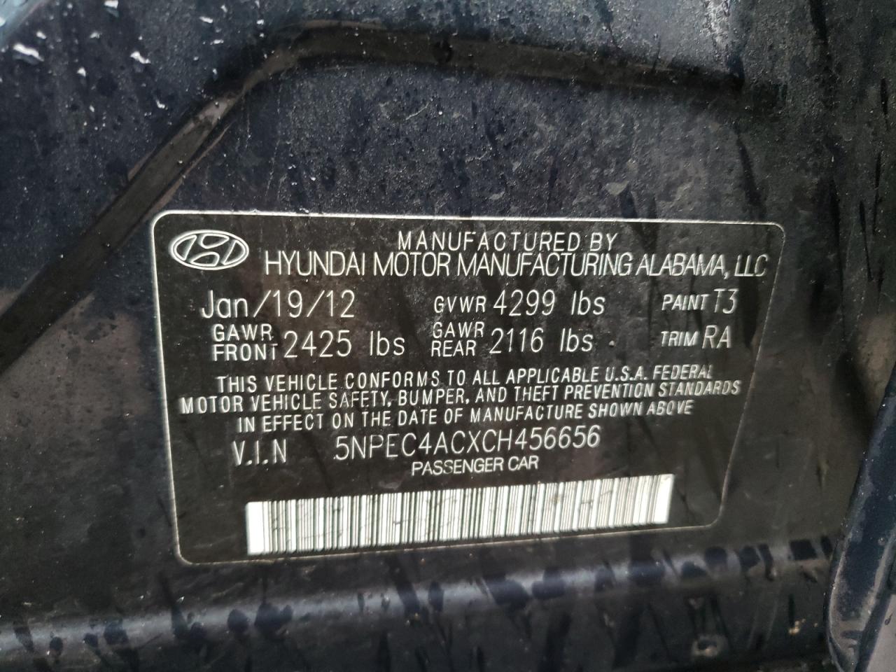Photo 10 from auction – 2012 HYUNDAI SONATA SE with VIN 5NPEC4ACXCH456656