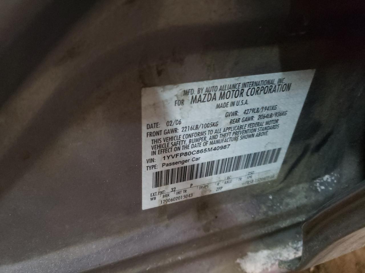 Photo 10 from auction – 2006 MAZDA 6 I with VIN 1YVFP80C865M40987