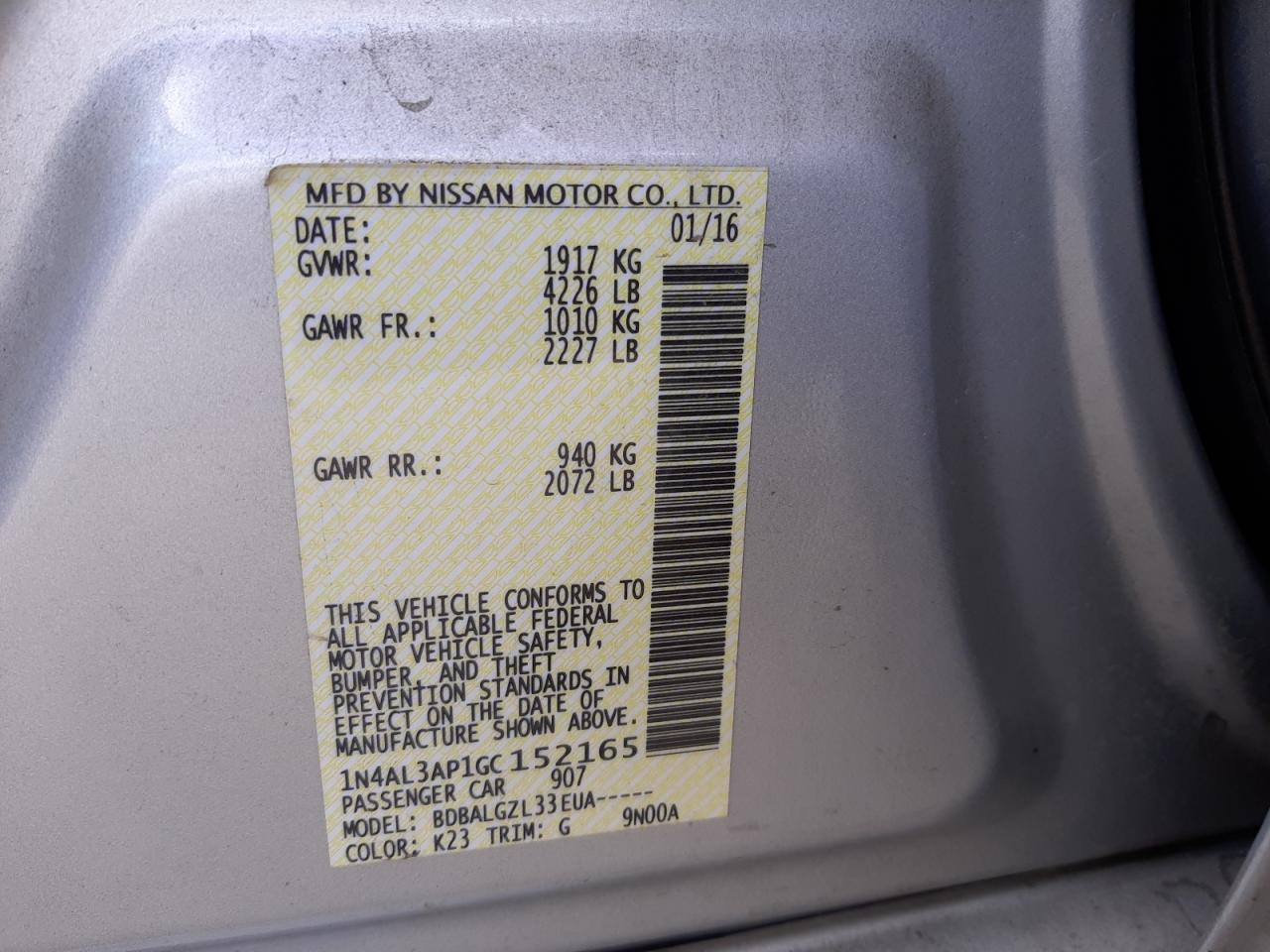 Photo 10 from auction – 2016 NISSAN ALTIMA 2.5 with VIN 1N4AL3AP1GC152165