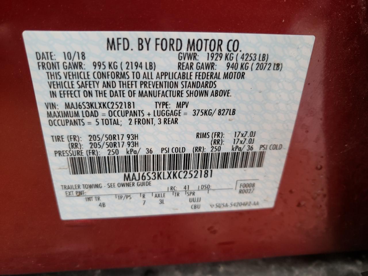 Photo 7 from auction – 2019 FORD ECOSPORT T with VIN MAJ6S3KLXKC252181