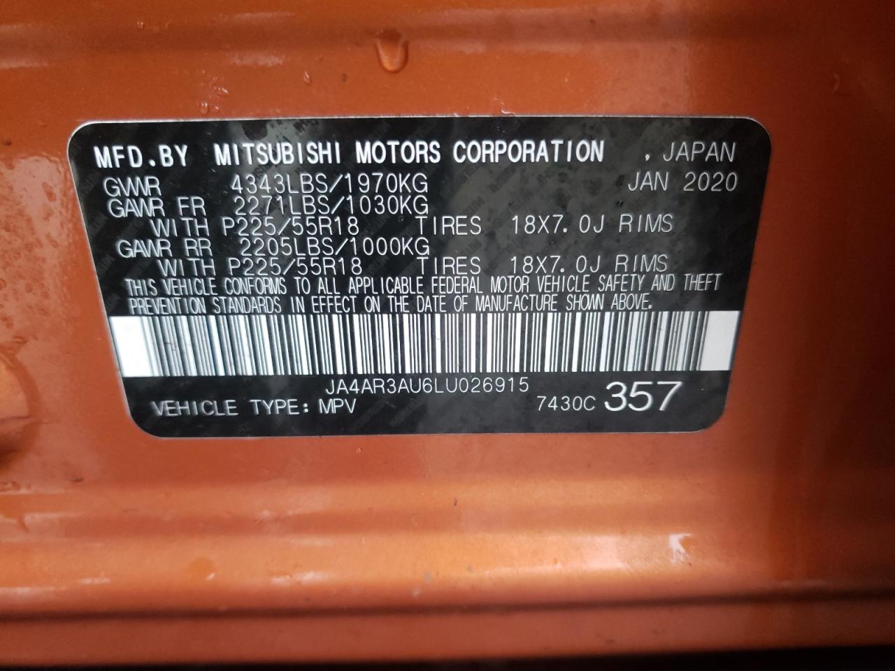 Photo 10 from auction – 2020 MITSUBISHI OUTLANDER with VIN JA4AR3AU6LU026915