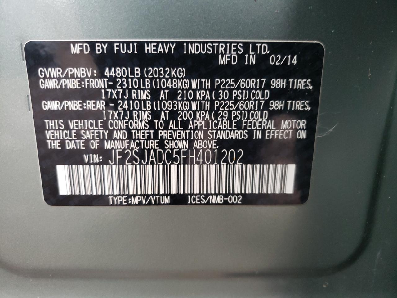 Photo 10 from auction – 2015 SUBARU FORESTER 2 with VIN JF2SJADC5FH401202