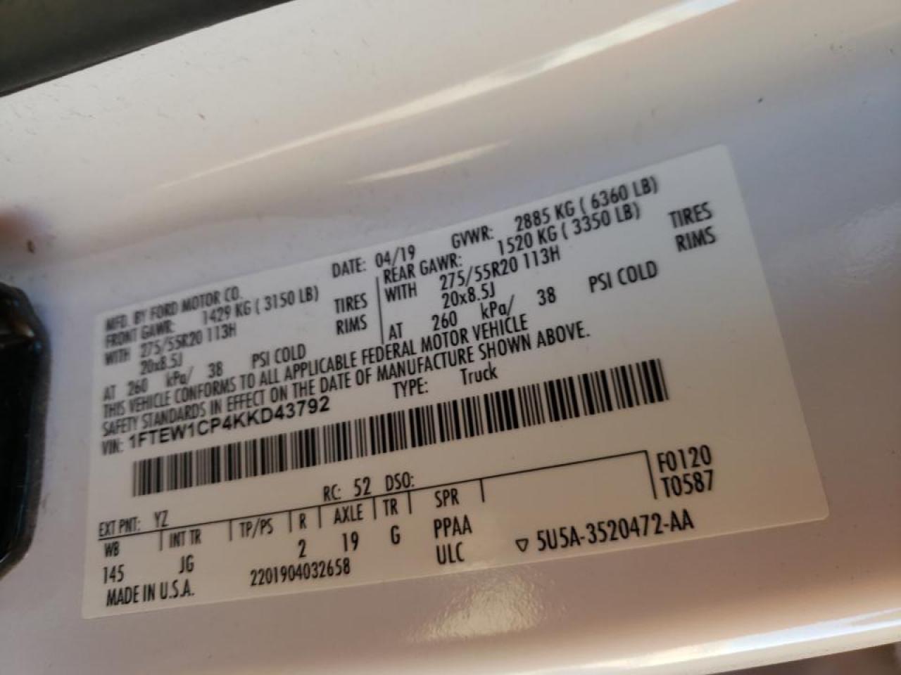 Photo 10 from auction – 2019 FORD F150 SUPER with VIN 1FTEW1CP4KKD43792