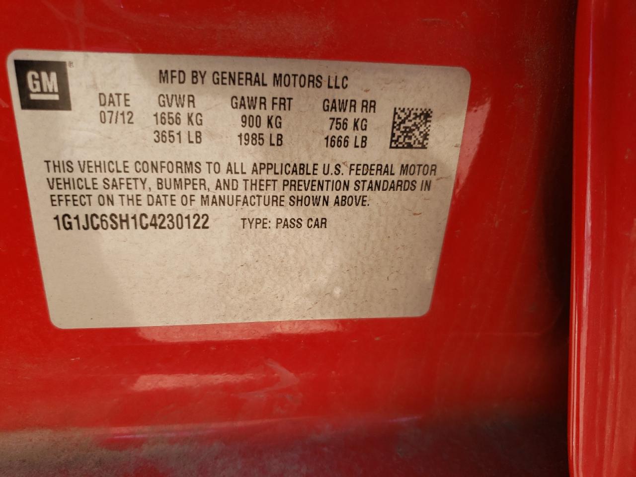 Photo 10 from auction – 2012 CHEVROLET SONIC LT with VIN 1G1JC6SH1C4230122