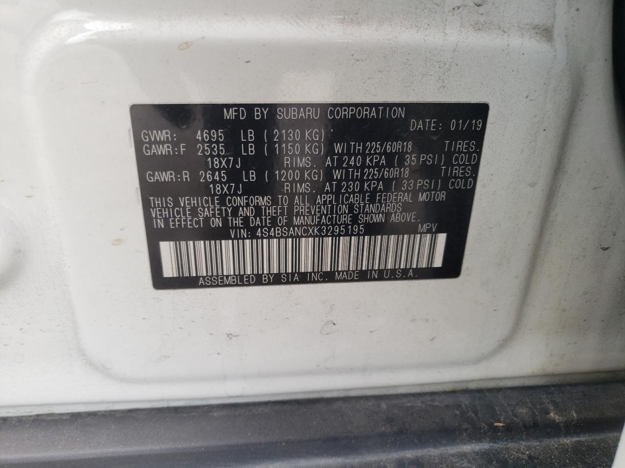 Photo 10 from auction – 2019 SUBARU OUTBACK 2. with VIN 4S4BSANCXK3295195