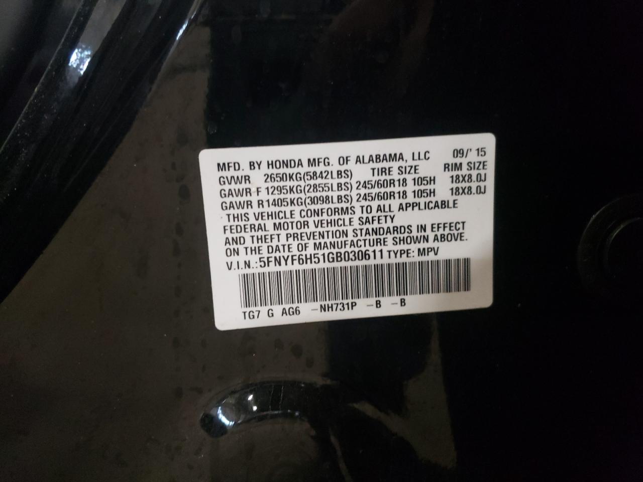 Photo 10 from auction – 2016 HONDA PILOT EXL with VIN 5FNYF6H51GB030611