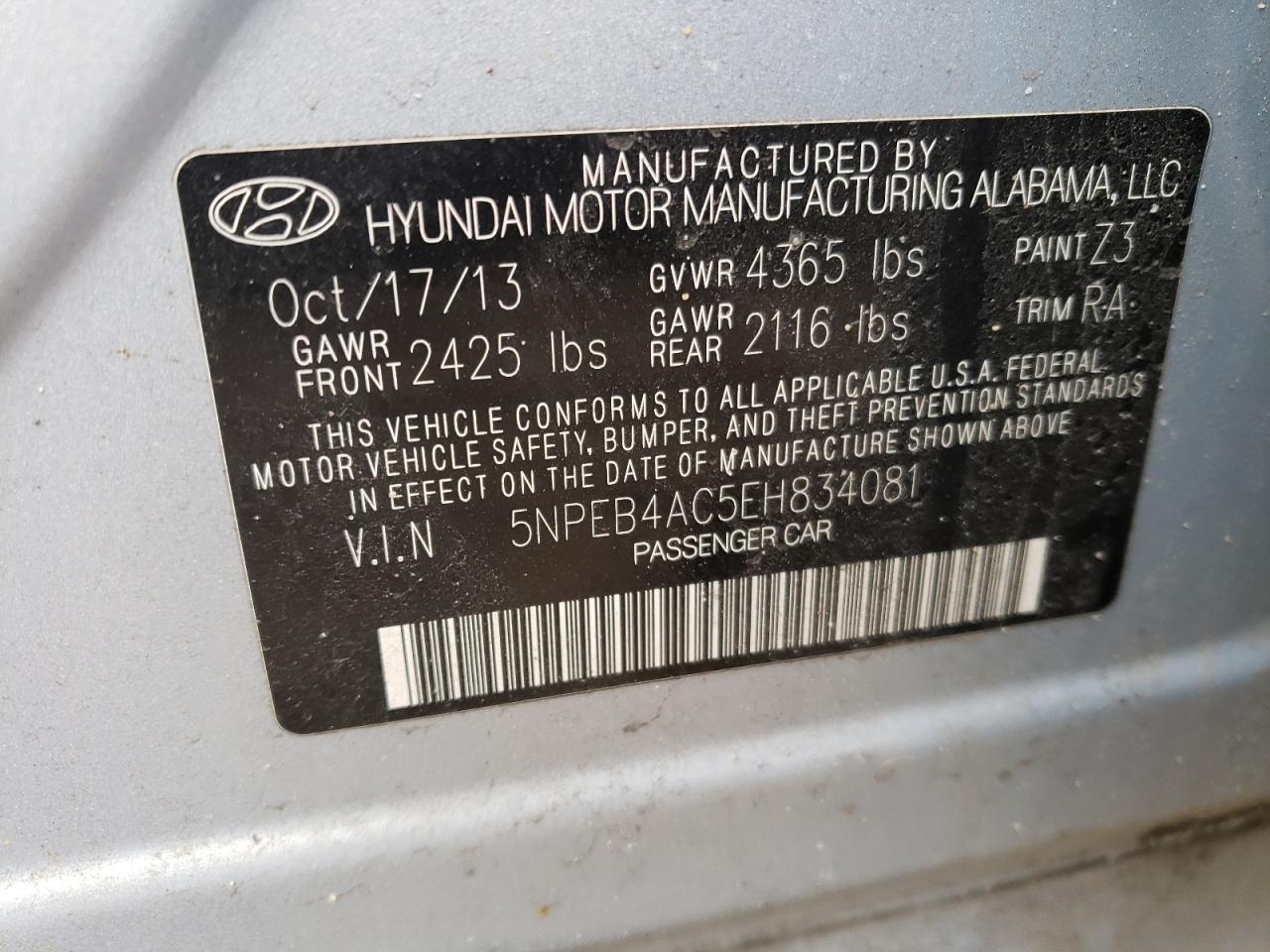 Photo 10 from auction – 2014 HYUNDAI SONATA GLS with VIN 5NPEB4AC5EH834081