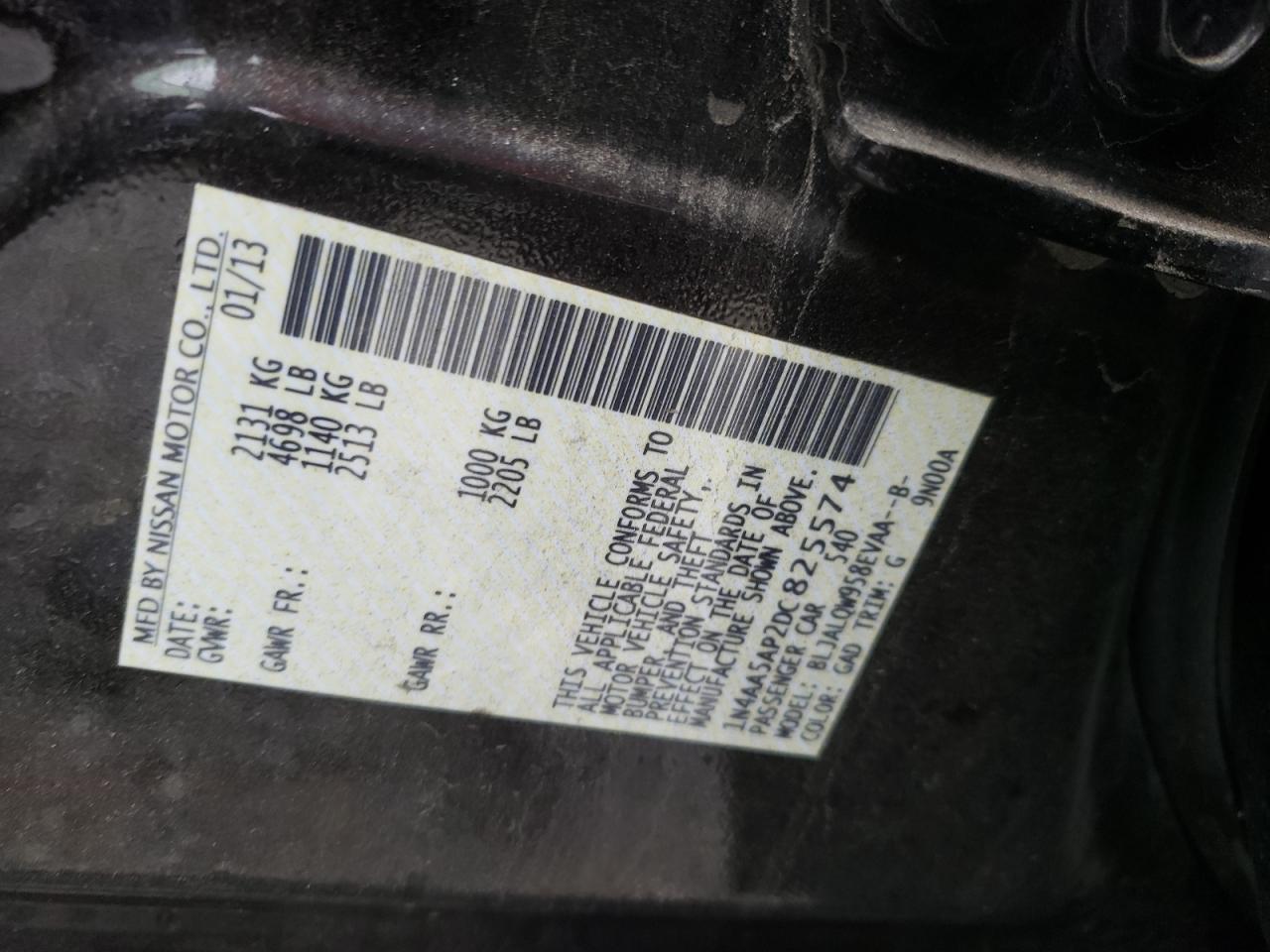 Photo 10 from auction – 2013 NISSAN MAXIMA S with VIN 1N4AA5AP2DC825574