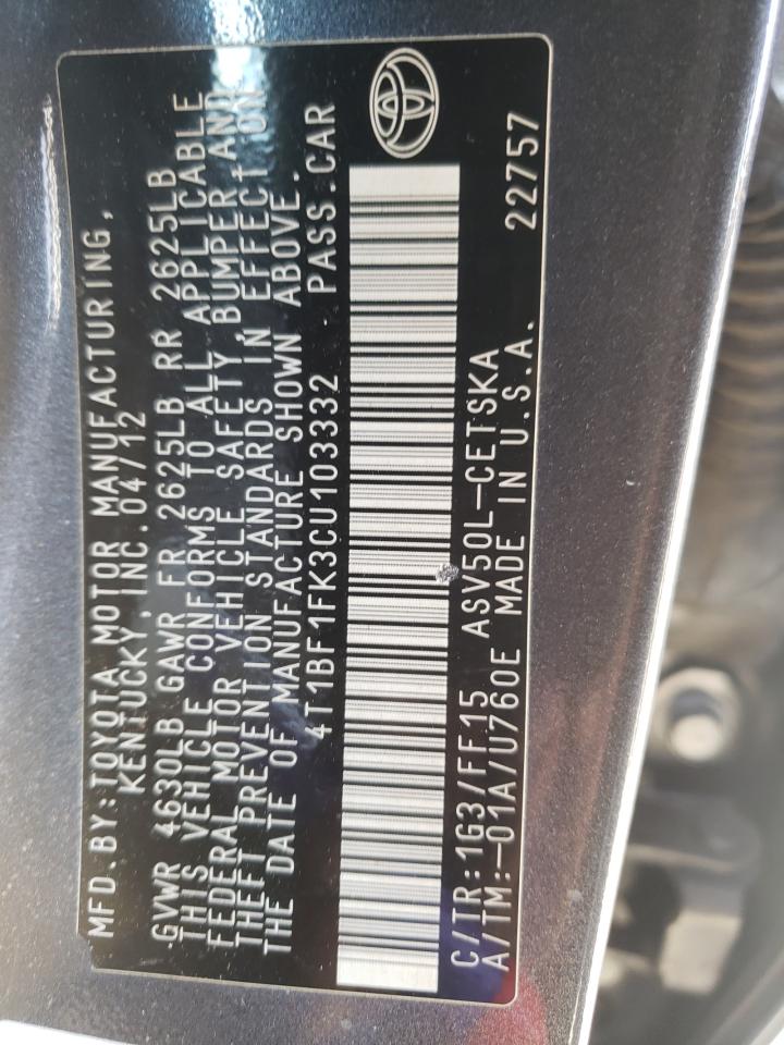 Photo 10 from auction – 2012 TOYOTA CAMRY BASE with VIN 4T1BF1FK3CU103332