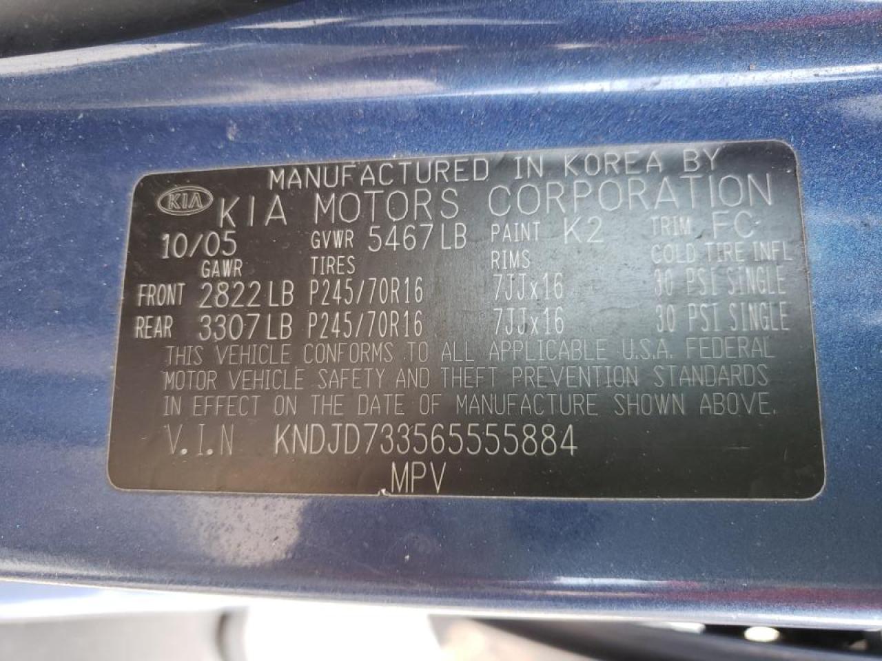 Photo 10 from auction – 2006 KIA SORENTO EX with VIN KNDJD733565555884