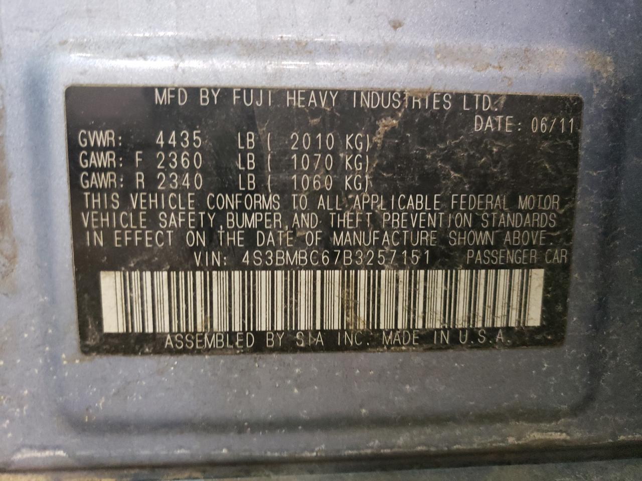 Photo 10 from auction – 2011 SUBARU LEGACY with VIN 4S3BMBC67B3257151