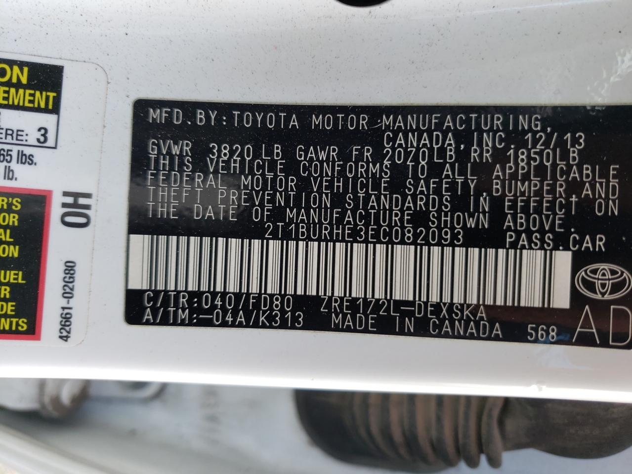 Photo 10 from auction – 2014 TOYOTA COROLLA L with VIN 2T1BURHE3EC082093