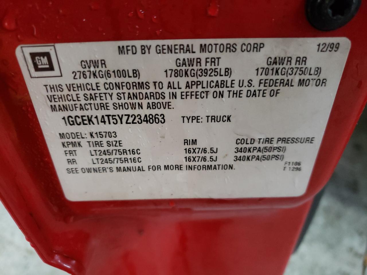 Photo 10 from auction – 2000 CHEVROLET SILVERADO with VIN 1GCEK14T5YZ234863