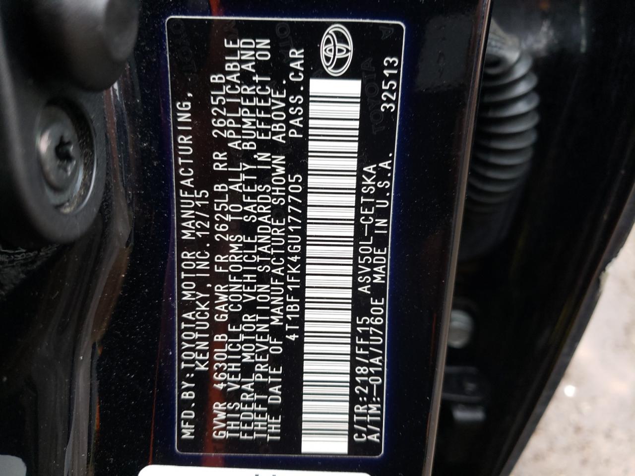 Photo 10 from auction – 2016 TOYOTA CAMRY LE with VIN 4T1BF1FK4GU177705